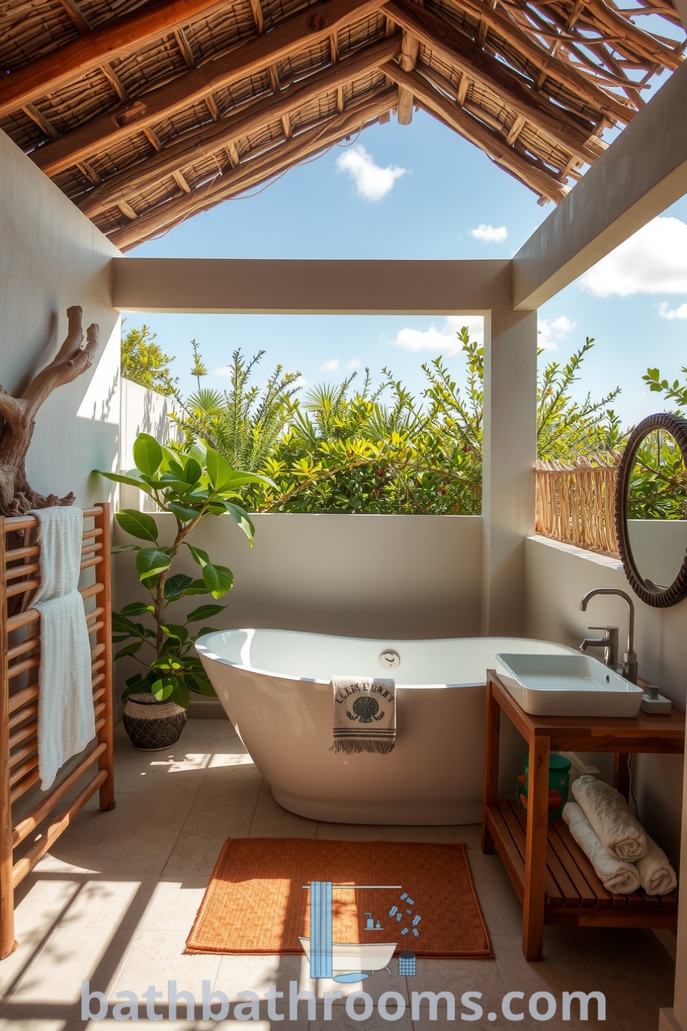 Cozy outdoor bathroom retreat featuring a freestanding tub, driftwood accents, lush greenery, and seashell-inspired tiles, creating a serene coastal atmosphere. Discover inspiring ideas for your home at bathbathrooms.com.