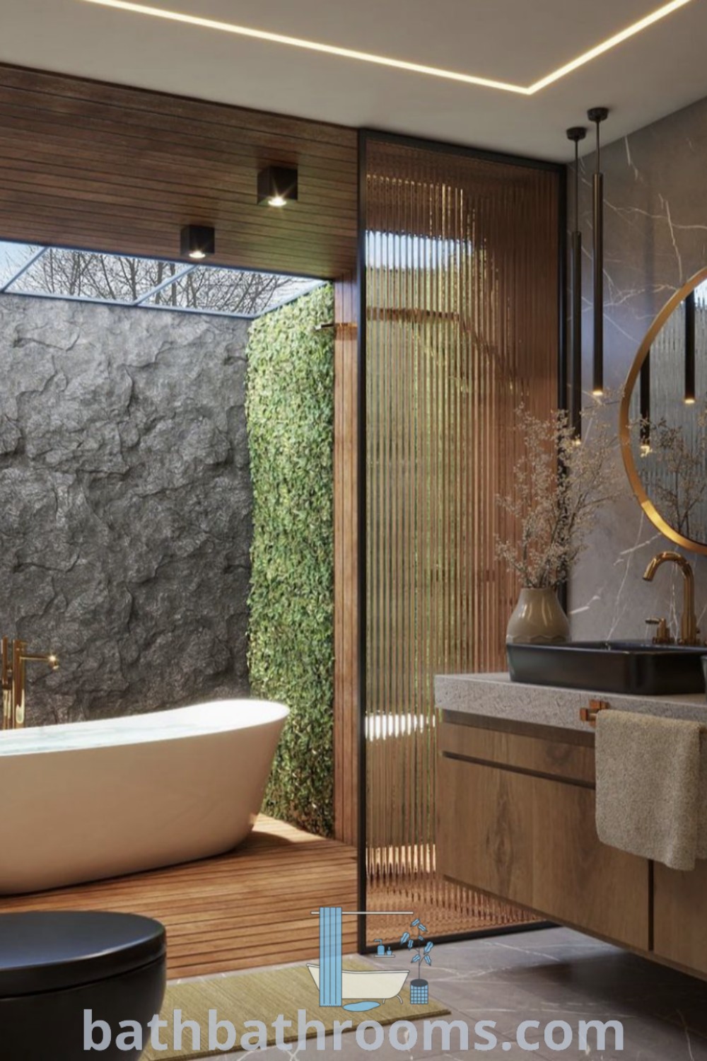 A Balinese-inspired bathroom showcasing a tub, sink, and mirror at its center, beautifully designed with tropical decor and inviting aesthetics. Perfect for those seeking inspiring ideas for a cozy and functional bathroom. Explore unique decor inspirations at bathbathrooms.com.