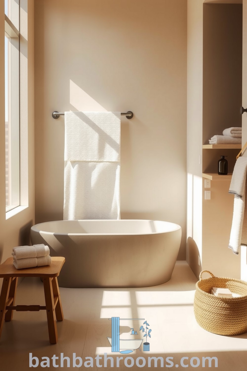 Cozy minimalist bathroom featuring warm beige walls, a sleek freestanding tub, and wooden accents, creating a serene atmosphere ideal for relaxation. Discover unique decor ideas to enhance your space at bathbathrooms.com.