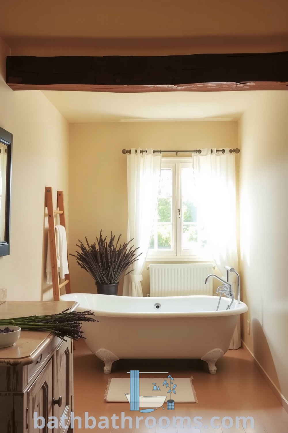 Cozy Provence bathroom featuring warm cream hues, a freestanding clawfoot tub under a window, rustic wooden beams, a weathered vanity with a marble sink, and dried lavender, creating a relaxing and inviting atmosphere. Discover unique decor ideas for your home at bathbathrooms.com.