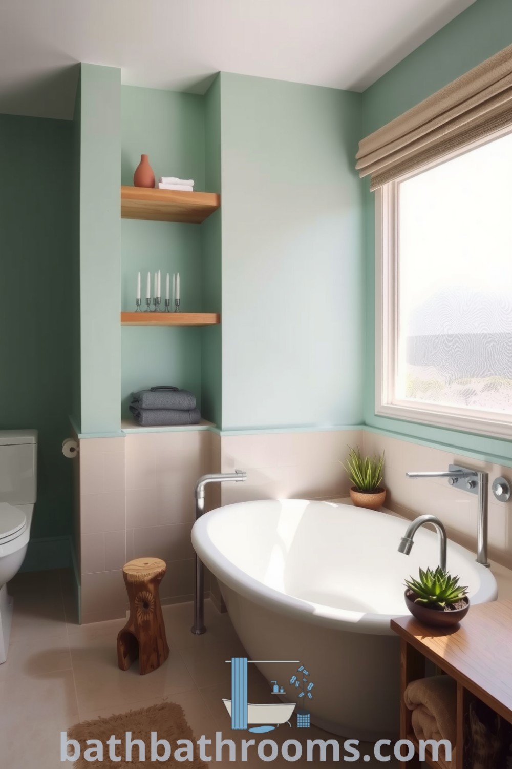Ocean-inspired bathroom with sandy hues, seafoam greens, faded aquamarine walls, a freestanding tub, and thriving succulent plants, creating a tranquil retreat. Discover unique ideas and inspiring decor at bathbathrooms.com.