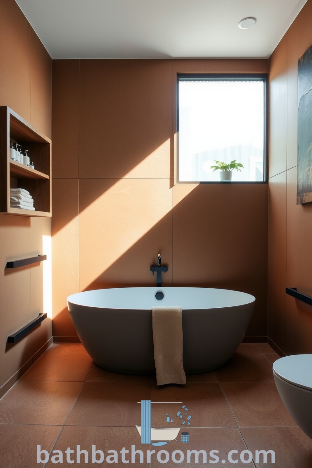 Minimalist bathroom featuring an olive green freestanding tub, warm textured wall tiles, wooden shelving with toiletries, natural light from frosted glass, and a small potted plant, creating a cozy aesthetic. Discover more inspiring decor ideas for small spaces at bathbathrooms.com.