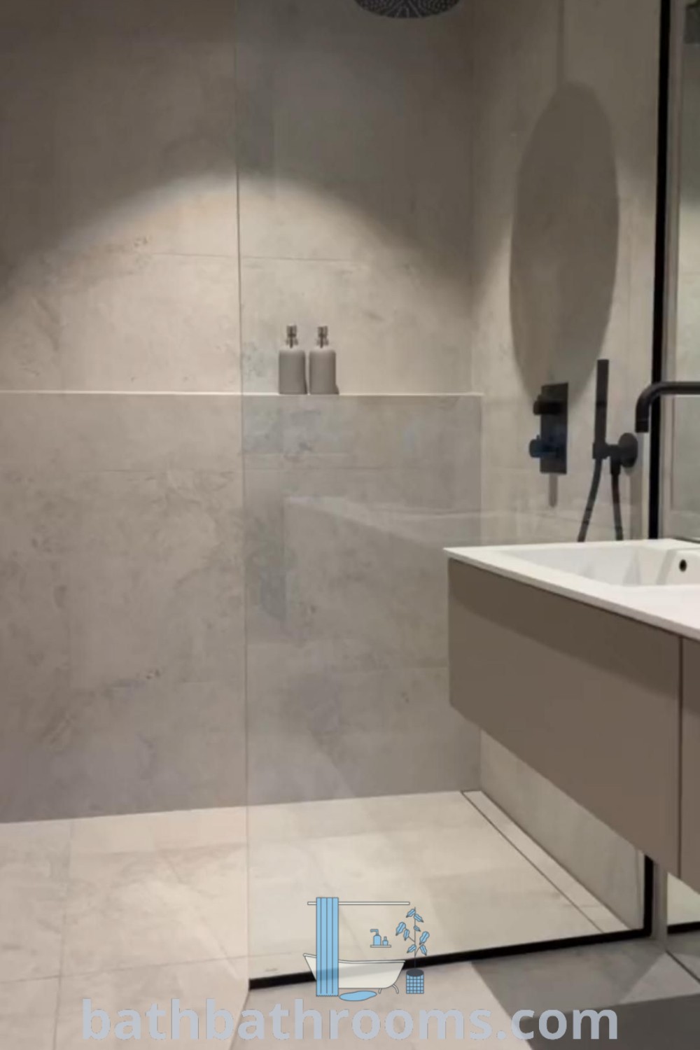 A stunning grey bathroom designed with large tiles, featuring a contemporary bathtub and elegant fixtures. This design showcases cozy aesthetic elements and inspiring decor ideas for your home. Visit bathbathrooms.com for more bathroom design inspiration.