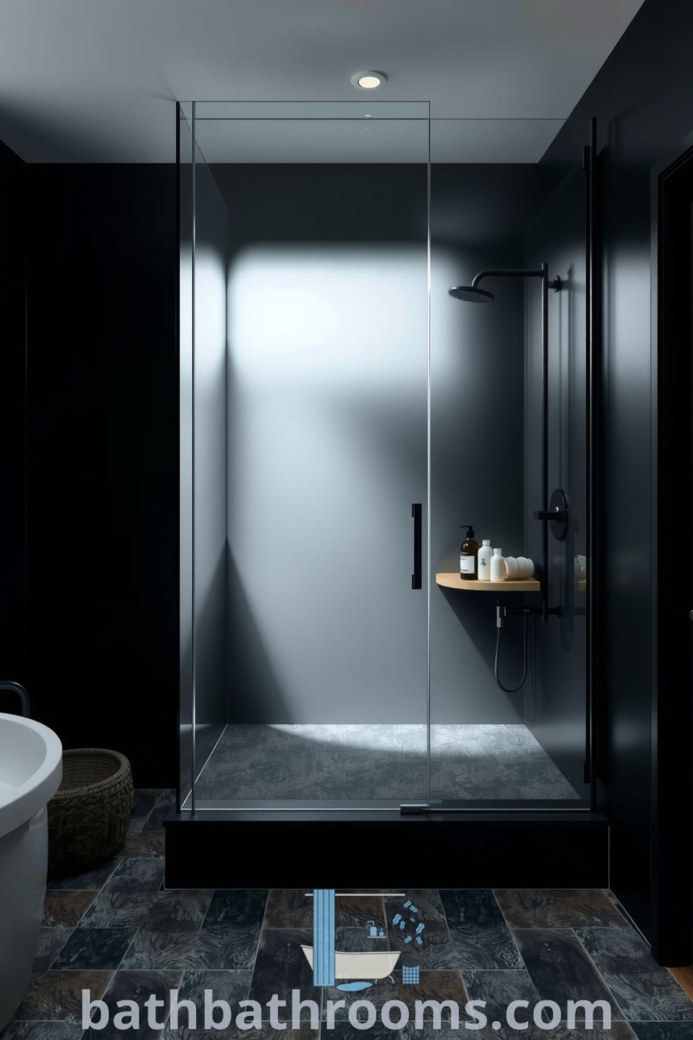 Modern black bathroom with deep charcoal walls, frameless glass shower, textured stone tiles, and warm wooden shelf, offering a luxurious and cozy aesthetic. Explore more design ideas for your home at bathbathrooms.com.