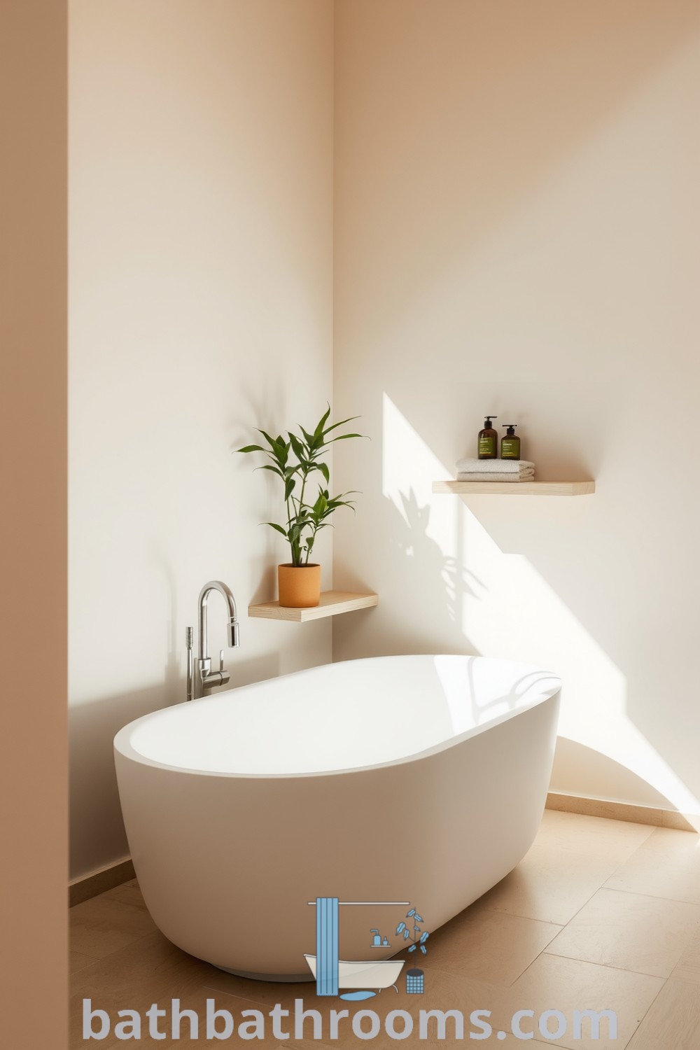 Minimalist bathroom with soft sand-colored walls, a freestanding tub, wooden shelves with towels, and a potted plant, creating a tranquil atmosphere. Explore more cozy decor ideas for small spaces at bathbathrooms.com.