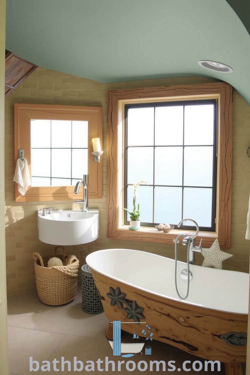 Cozy ocean-inspired bathroom featuring soft aqua and sandy beige hues, weathered wooden accents, a freestanding tub, seashells, and subtle nautical decor, creating a serene atmosphere. Discover unique ideas for your home at bathbathrooms.com.