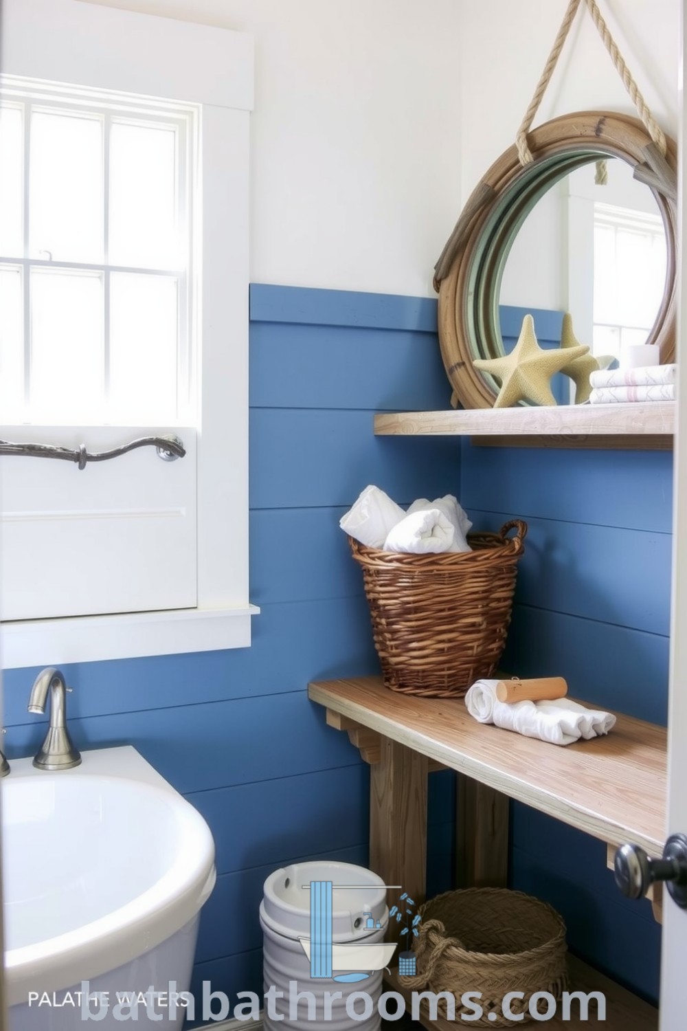 Nautical-style bathroom featuring a blue and white palette, weathered wood accents, a driftwood-framed mirror, and maritime decor, creating a charming coastal ambiance. Discover inspiring decor ideas for small spaces at bathbathrooms.com.
