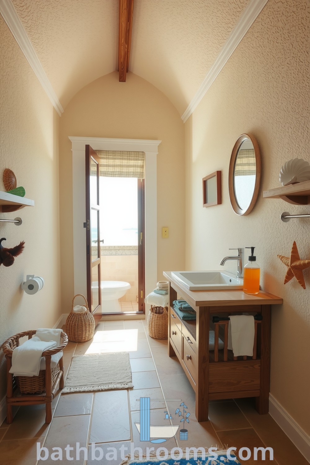 Beach-inspired bathroom featuring sandy-colored walls, driftwood-style vanity, rustic shelves with seashells, and smooth stone floors. This cozy aesthetic emphasizes tranquility and natural light. Discover unique decor ideas at bathbathrooms.com.