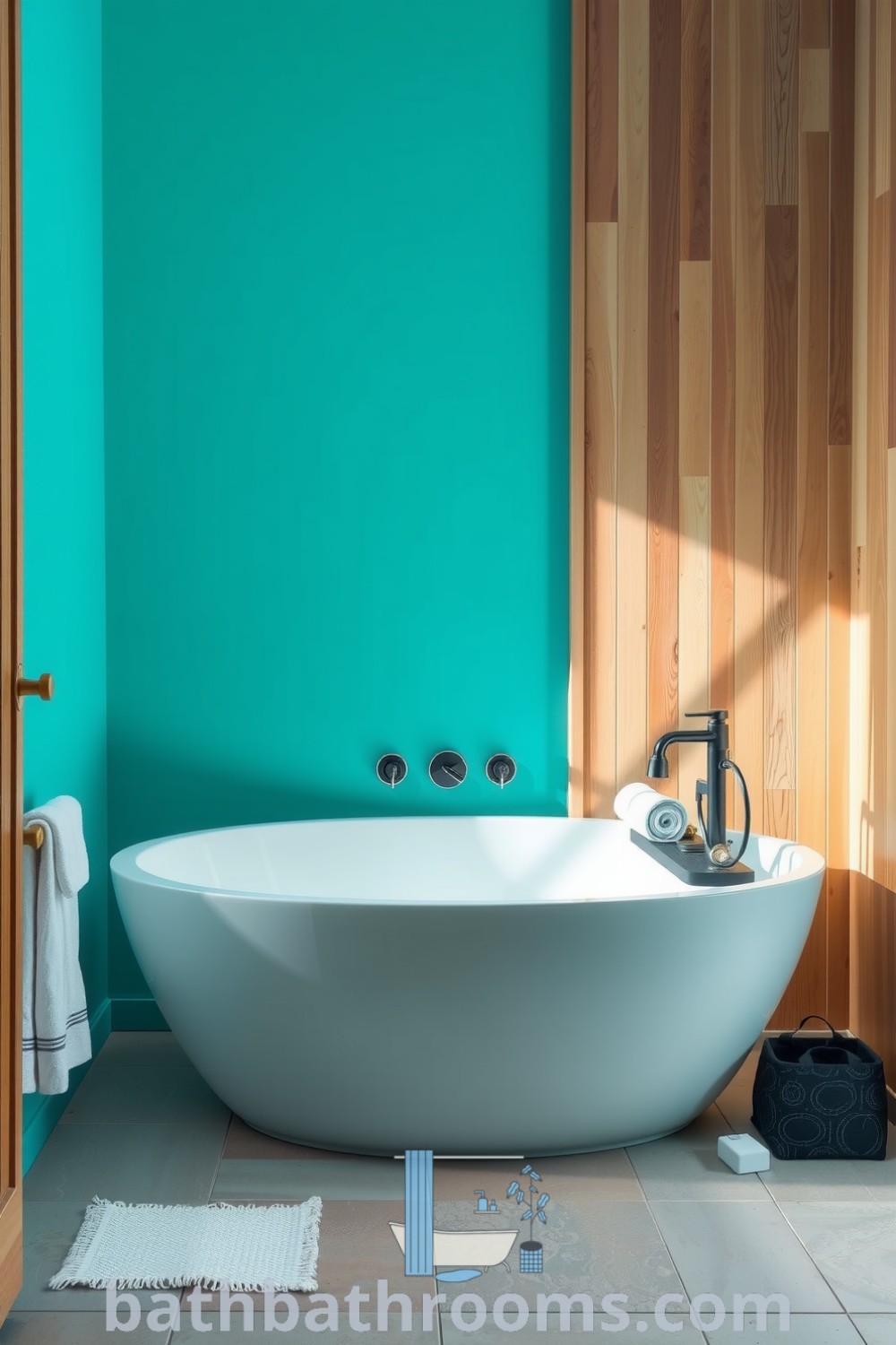 Cozy turquoise minimalist bathroom with a freestanding tub, natural wood panels, and simple decor featuring a potted plant and rolled towels, offering a peaceful and inviting atmosphere. Discover more inspiring decor ideas for your home at bathbathrooms.com.