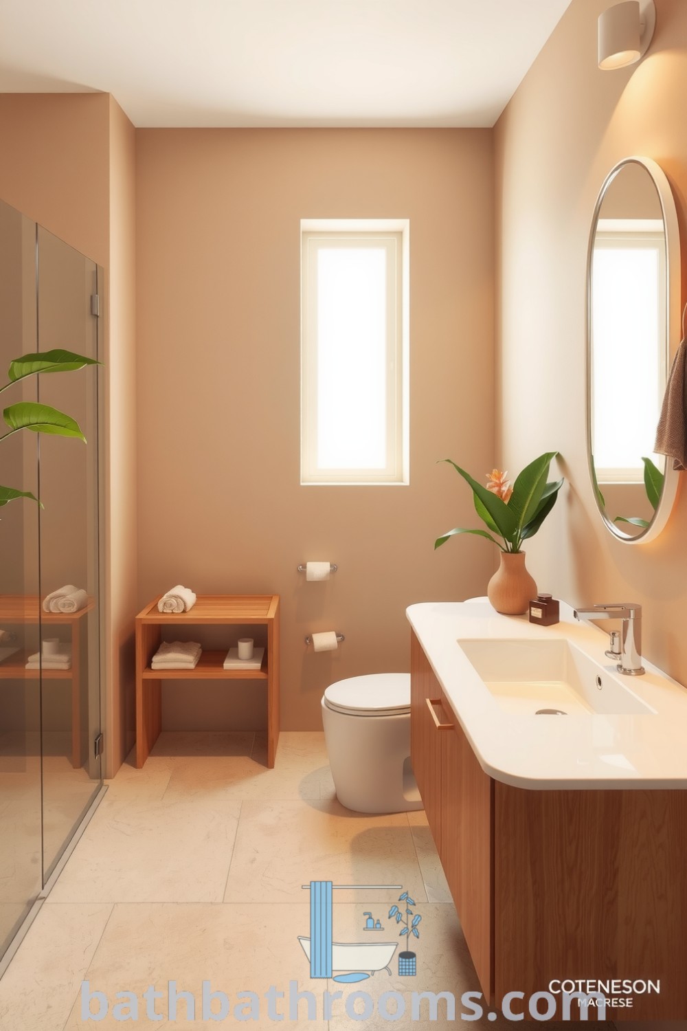 Minimalist bathroom featuring a soothing beige palette, textured stone tiles, a wooden shelf with bath essentials, a modern sink, and potted greenery for a tranquil atmosphere. Discover inspiring decor ideas for small spaces at bathbathrooms.com.