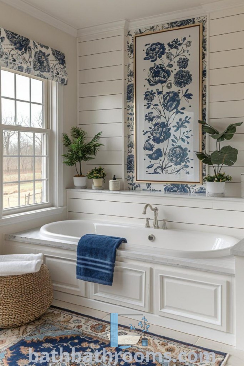 A white bath tub sits under a window next to a rug and potted plants, creating a cozy bathroom aesthetic. This inviting decor provides design ideas for small spaces and inspires ways to transform your home. Explore more inspiring ideas and decor inspirations at bathbathrooms.com.
