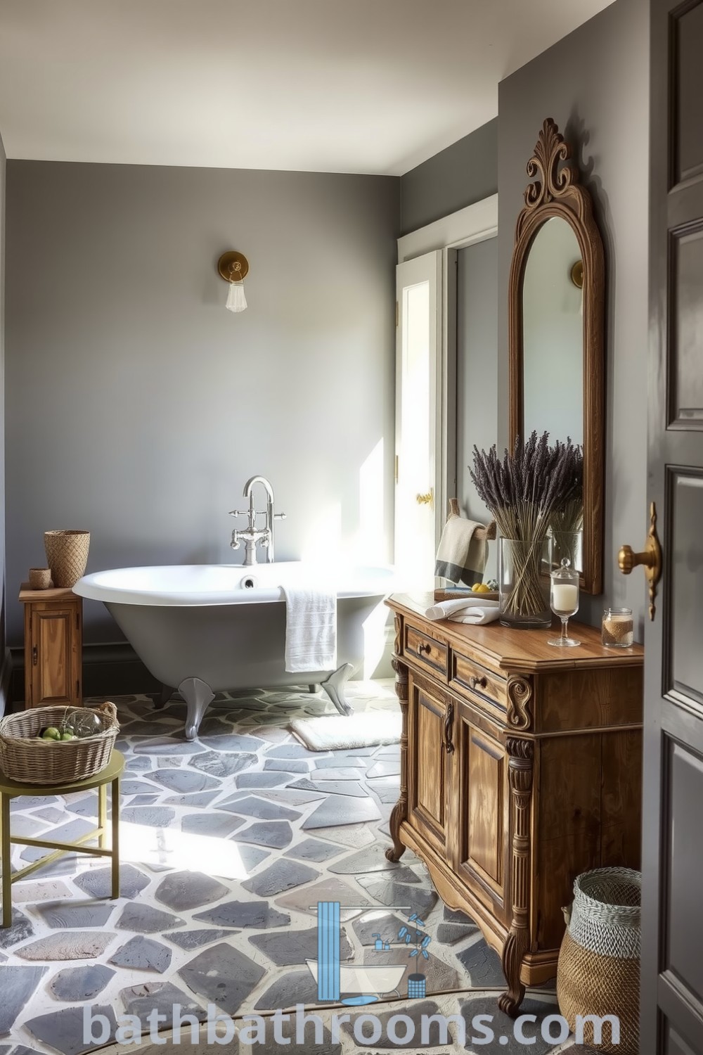 Cozy Provence bathroom showcasing gray walls, a vintage clawfoot tub, dried lavender, and a rustic wooden vanity, creating a relaxing and inviting environment. Discover more inspiring decor ideas at bathbathrooms.com.