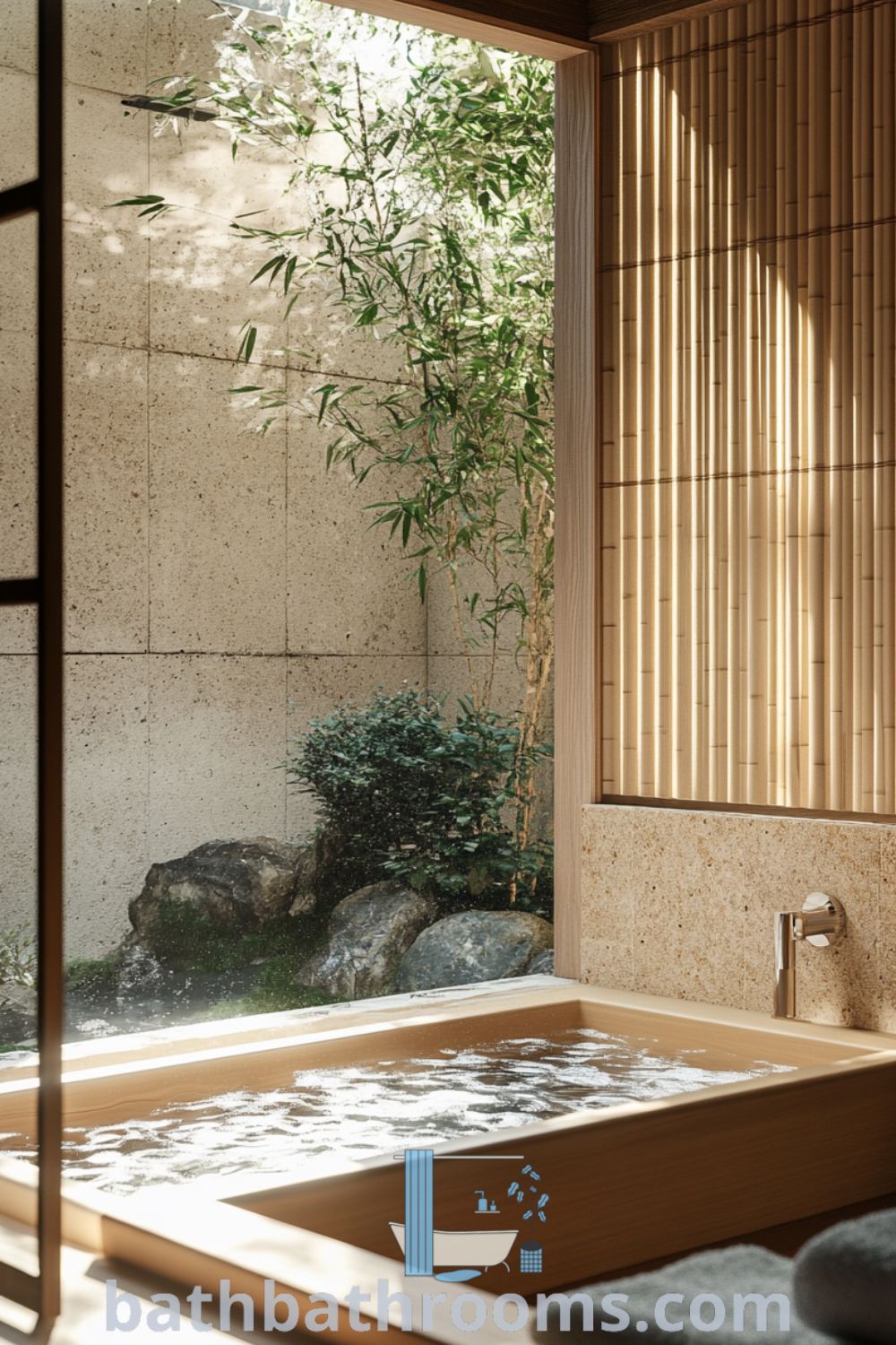 Cozy Japanese bathroom featuring a deep wooden soaking tub, natural stone walls, and bamboo slats, creating a tranquil atmosphere with a glimpse of a serene garden. Discover more inspiring decor ideas for your home at bathbathrooms.com.