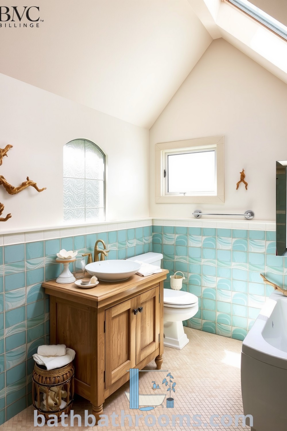 Coastal-themed bathroom featuring aqua and sandy beige hues, a weathered wood vanity, porcelain sink, shells, driftwood accents, and mosaic tiles resembling waves. Explore design tips and cozy ideas at bathbathrooms.com.