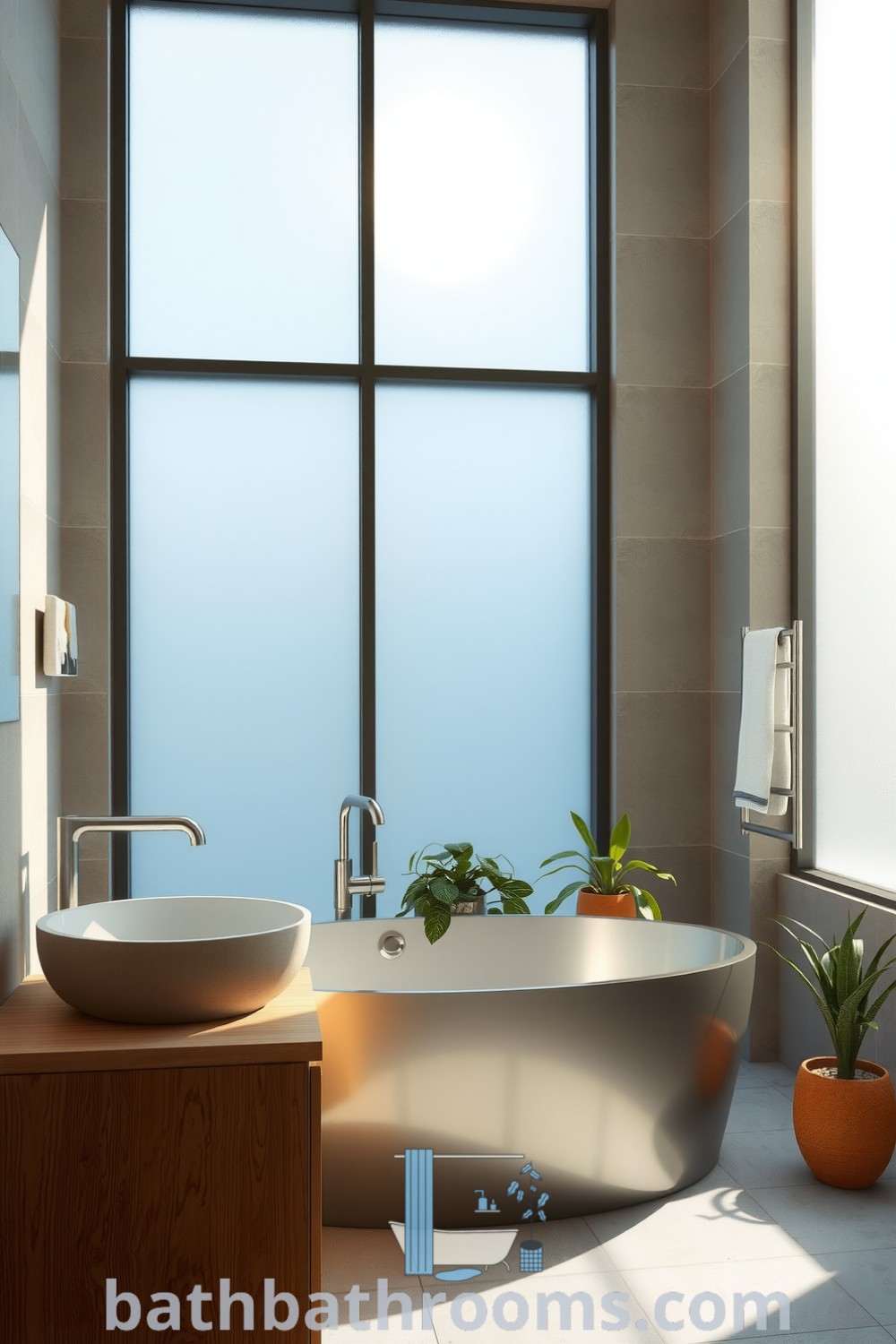 Minimalist bathroom featuring a sleek silver tub, textured stone walls, warm wooden vanity, and potted plants, creating a serene and inviting atmosphere. Discover more decor ideas for a cozy aesthetic at bathbathrooms.com.