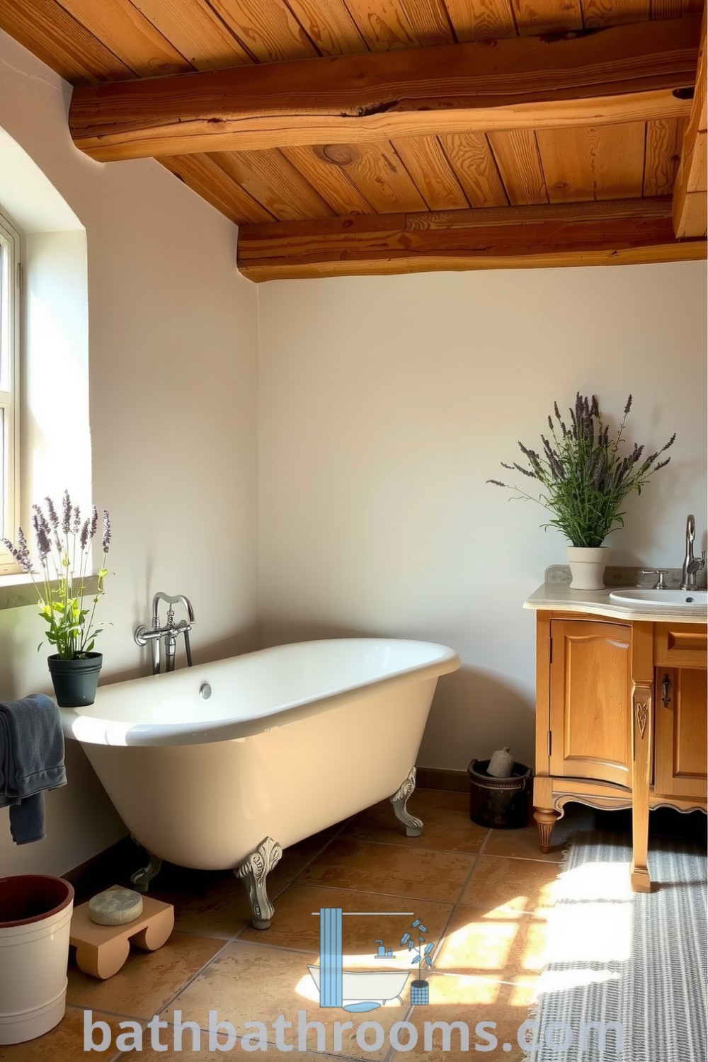 Cozy Provence bathroom featuring creamy walls, rustic wooden beams, a vintage clawfoot tub, potted herbs, and lavender, creating a serene and inviting atmosphere. Discover inspiring decor ideas for your home at bathbathrooms.com.