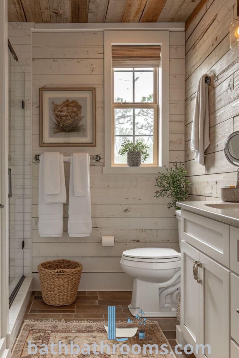 A cozy bathroom featuring white wood paneling and a rug in front of the toilet, showcasing a Cabin Master Bath design with farmhouse influences. Explore more cozy decor ideas at bathbathrooms.com.