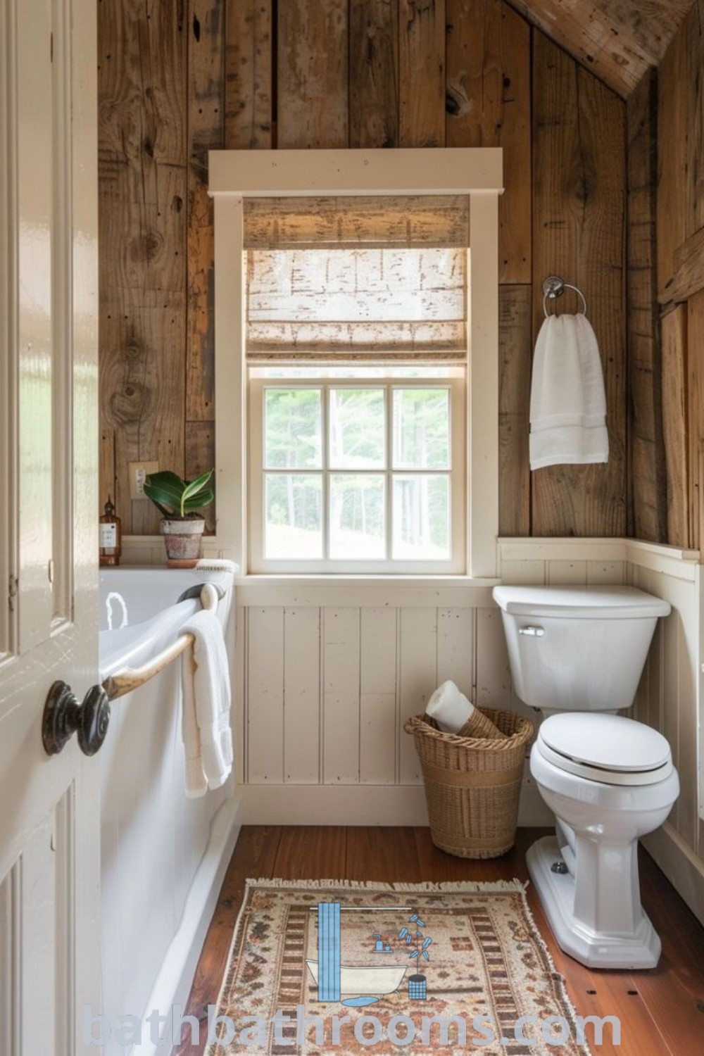 A rustic log cabin bathroom featuring small cottage interiors, including a bathroom linen closet and warm wooden elements, creating a cozy atmosphere. Explore more rustic ideas and inspirations at bathbathrooms.com.