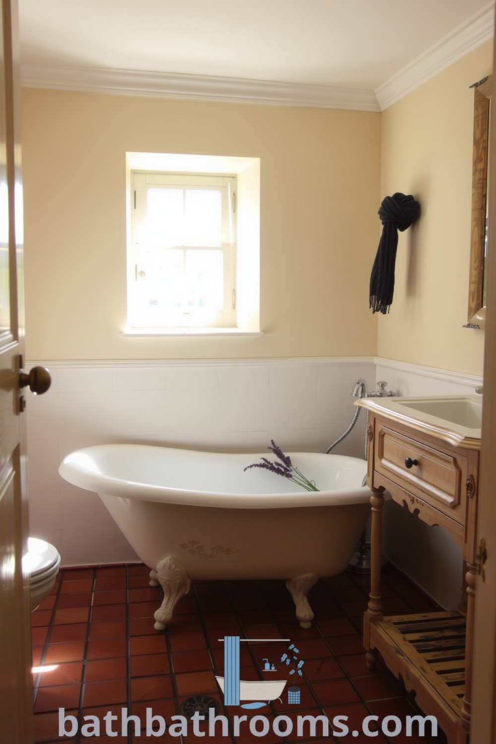 Cozy Provence bathroom featuring creamy walls, terracotta tiles, a vintage clawfoot tub with lavender accents, and a hand-painted vanity, creating an inviting and tranquil atmosphere. Discover inspiring decor ideas for your home at bathbathrooms.com.