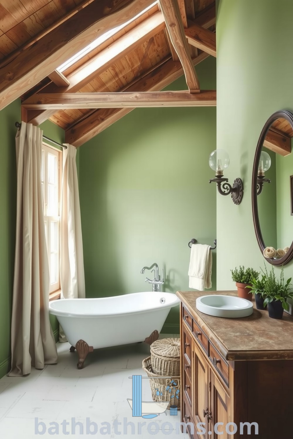 Cozy Green Provence bathroom featuring soft green walls, rustic wooden beams, a freestanding tub, an antique vanity with a porcelain sink, and potted herbs, creating a tranquil and inviting atmosphere. Discover more cozy decor ideas at bathbathrooms.com.