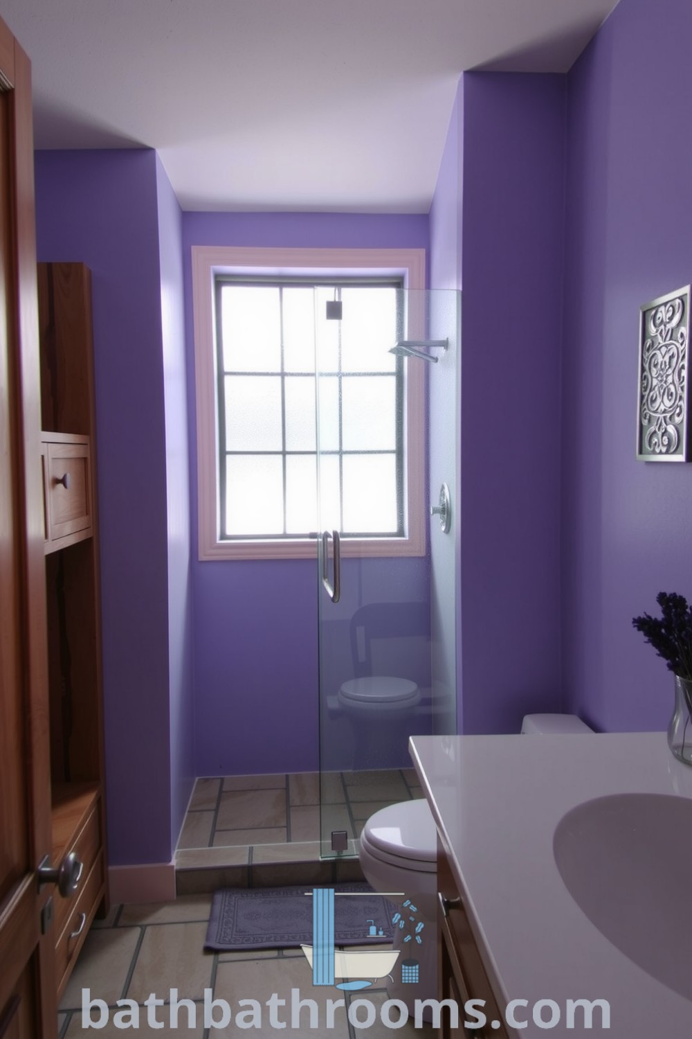 Cozy lavender bathroom with soft purple walls, a frameless glass shower, wooden cabinetry, and stone tiles, creating a serene and inviting atmosphere. Explore more cozy decor ideas for your home at bathbathrooms.com.