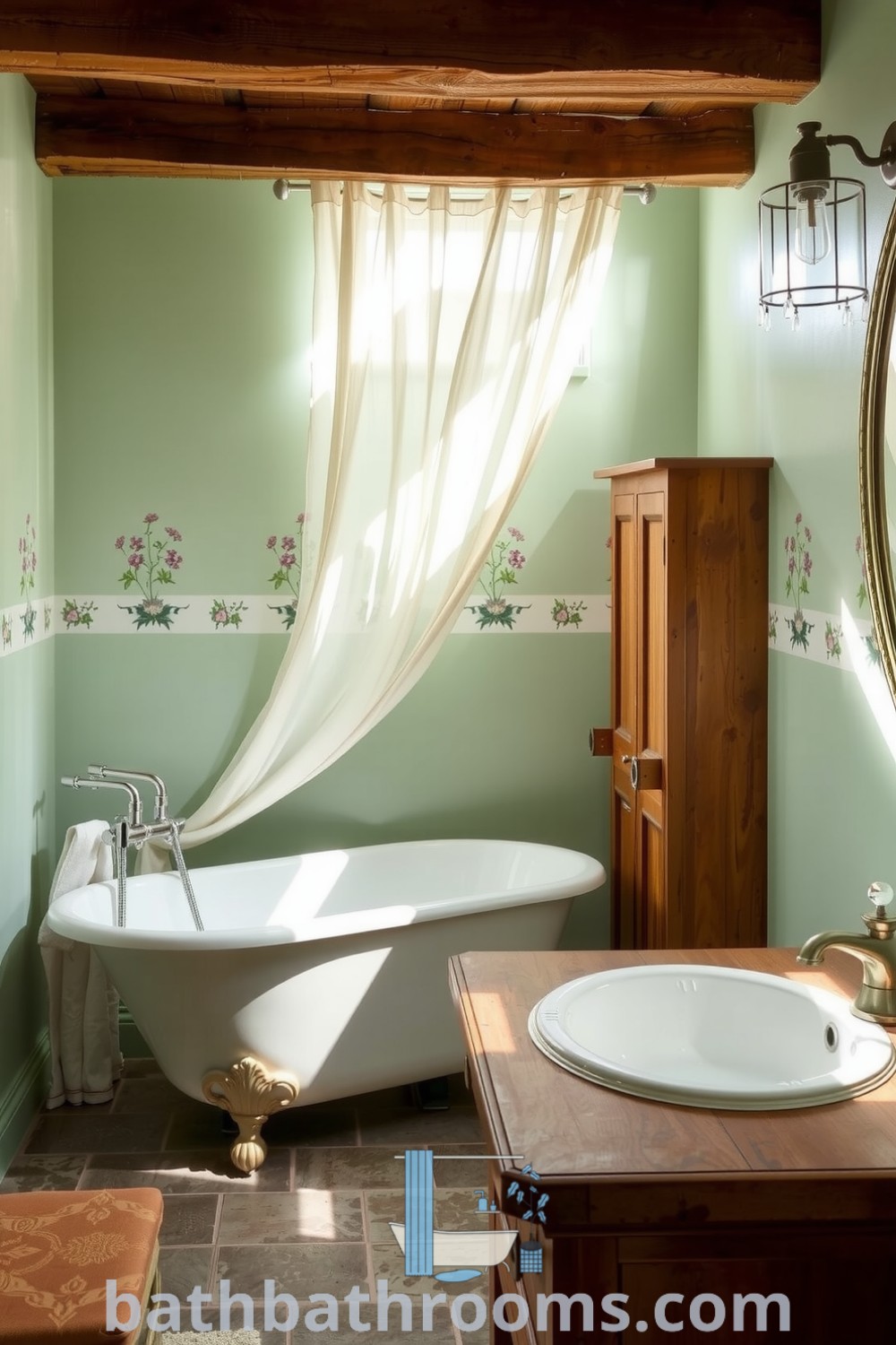 Cozy mint green bathroom featuring a freestanding vintage tub, rustic wooden vanity, floral prints, and sunlight streaming through linen curtains, creating a serene and inviting atmosphere. Discover inspiring decor ideas at bathbathrooms.com.