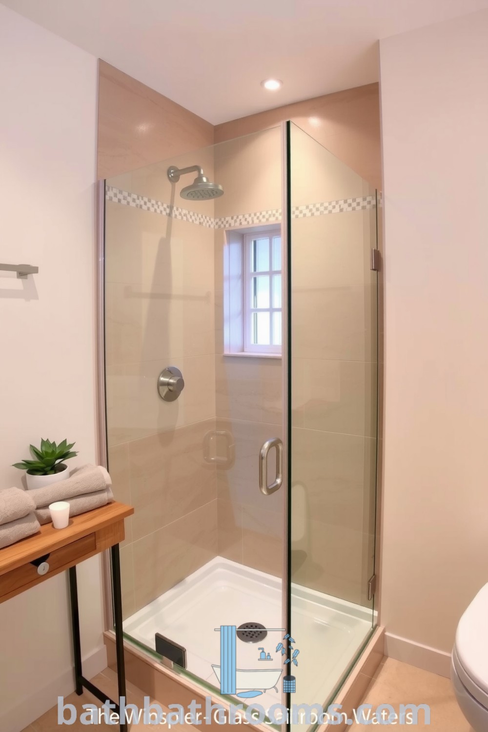 Cozy bathroom featuring a frameless glass shower under ambient lighting, beige wall tiles, brushed nickel fixtures, plush towels, and a potted plant, creating an inviting and rejuvenating atmosphere. Discover more cozy decor ideas at bathbathrooms.com.