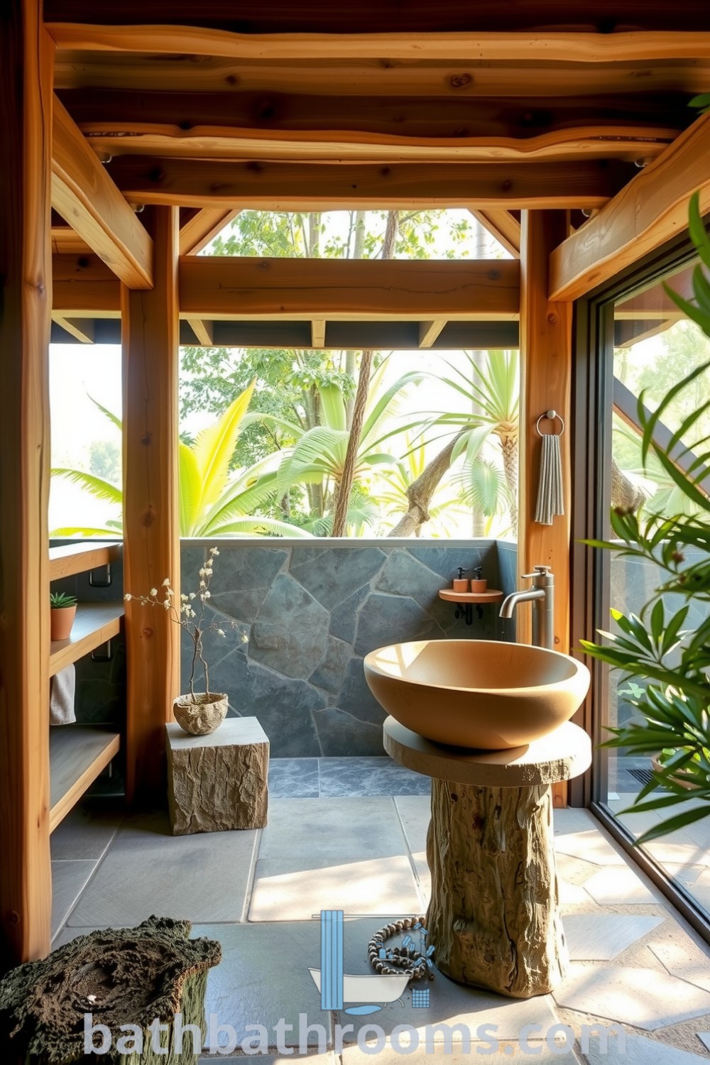 Outdoor eco-style bathroom featuring natural wood beams, lush greenery, rustic stone floor, and a unique log basin, creating a tranquil and inviting atmosphere. Discover inspiring decor ideas for your home at bathbathrooms.com.