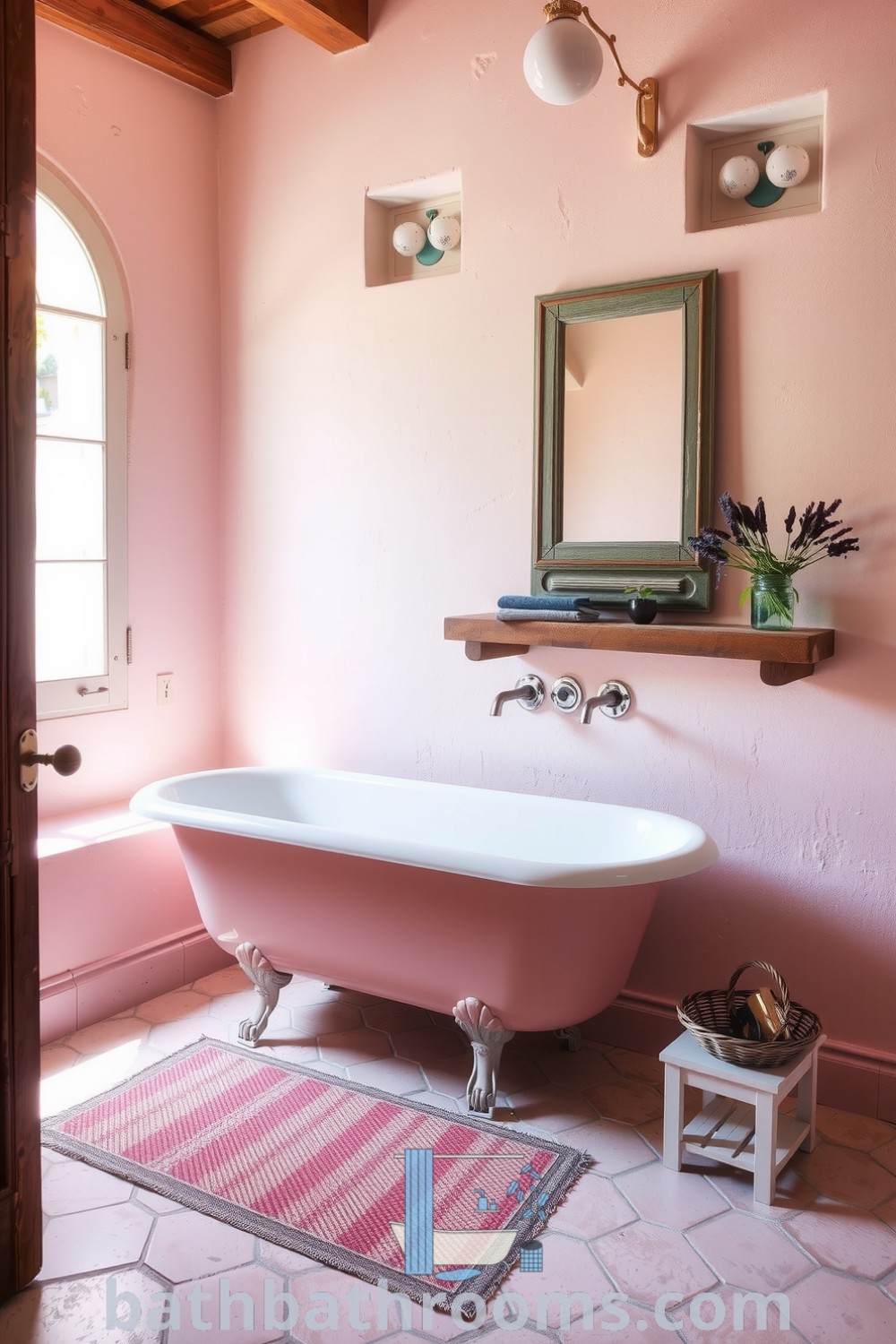 Cozy Provence bathroom featuring soft pink hues, a vintage clawfoot tub, and dried lavender accents, creating a serene and inviting atmosphere. Discover inspiring decor ideas for your home at bathbathrooms.com.