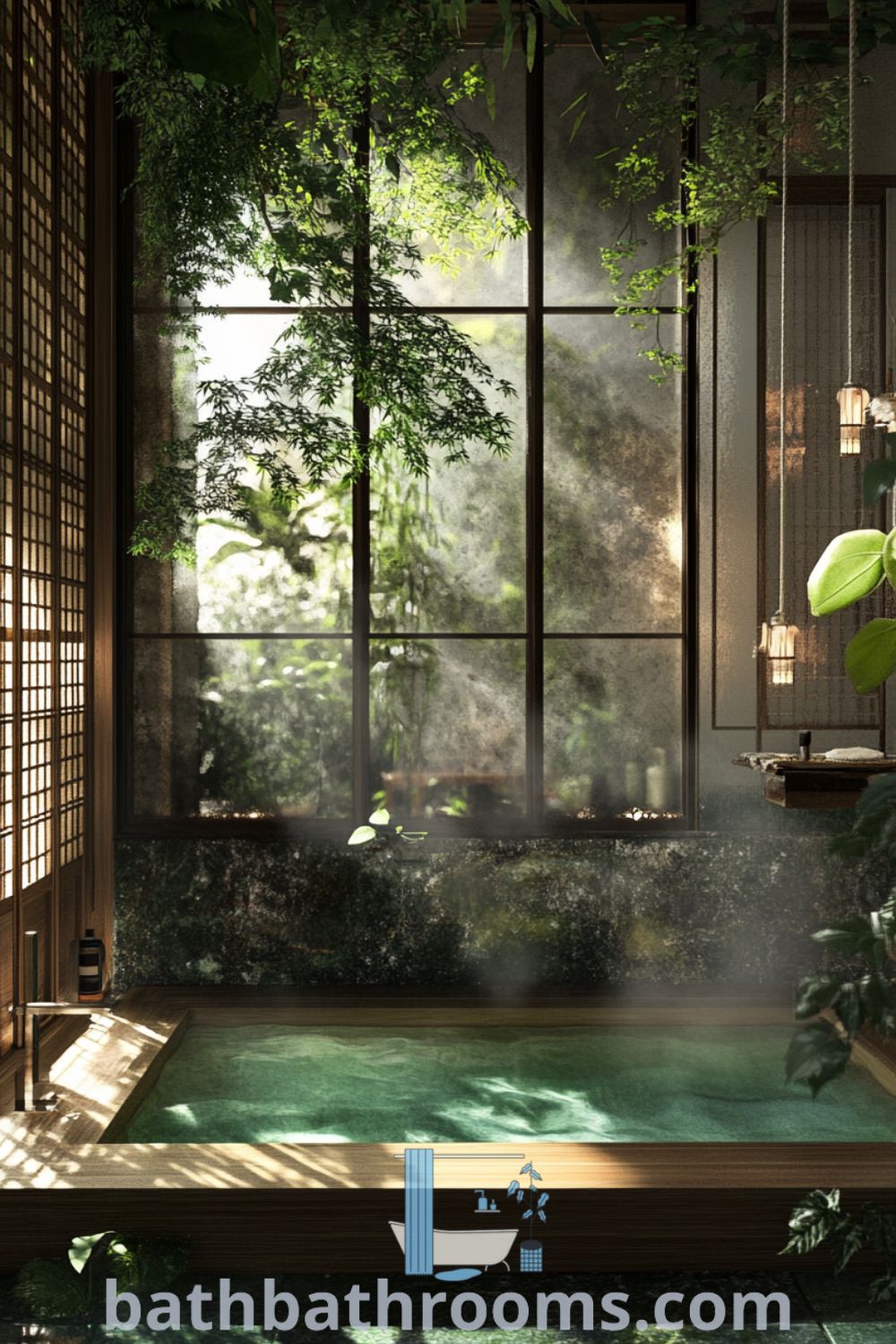 Cozy Japanese bathroom featuring a deep green wooden tub, sunlight streaming through shoji screens, textured stone tiles, hanging plants, and bamboo accents, creating a serene atmosphere for relaxation. Discover more inspiring decor ideas at bathbathrooms.com.