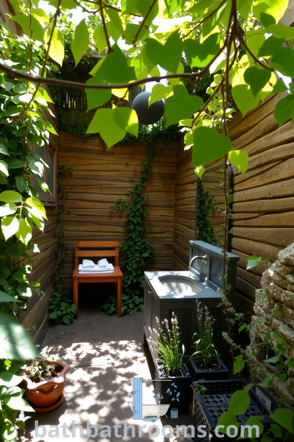 Cozy outdoor eco-style bathroom featuring reclaimed wood, natural stone walls, a slate basin, a wooden bench, climbing vines, and fragrant herbs in pots, all set in a lush greenery backdrop. Discover unique ideas to transform your home at bathbathrooms.com.