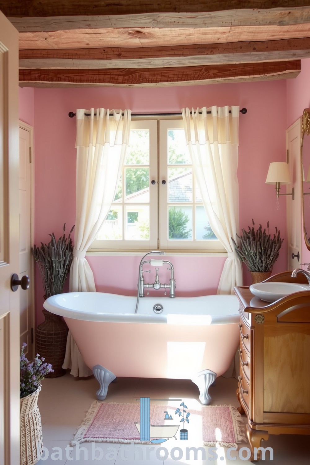Charming Provence bathroom featuring soft pink hues, rustic beams, a vintage clawfoot tub, and floral sink accents, creating a cozy and inviting atmosphere. Discover more design ideas for your home at bathbathrooms.com.