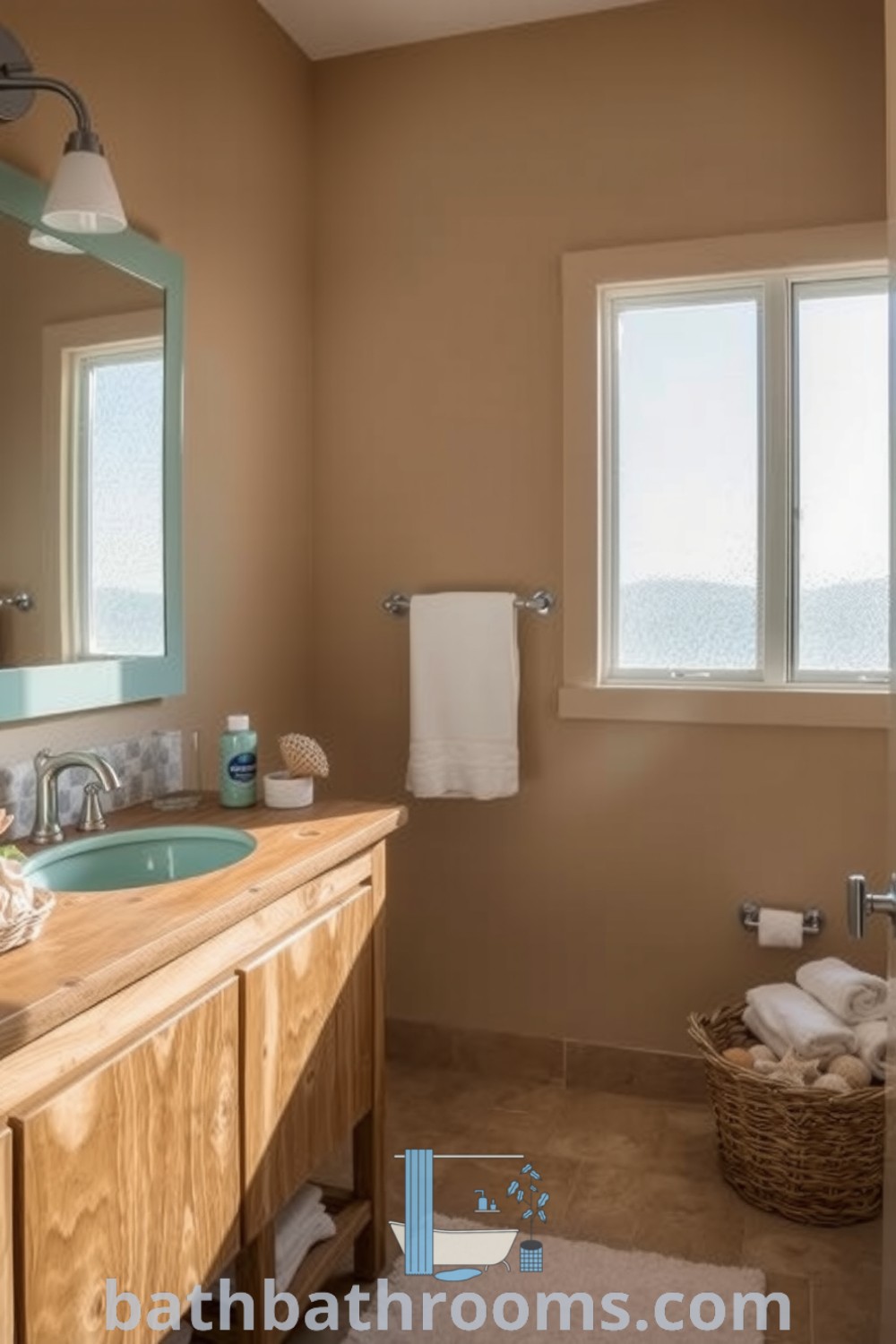 Cozy coastal bathroom featuring sandy beige walls, a driftwood vanity, cerulean blue ceramic sink, seashell decor, and woven baskets for towels, creating a tranquil seaside retreat. Discover inspiring decor ideas for your home at bathbathrooms.com.