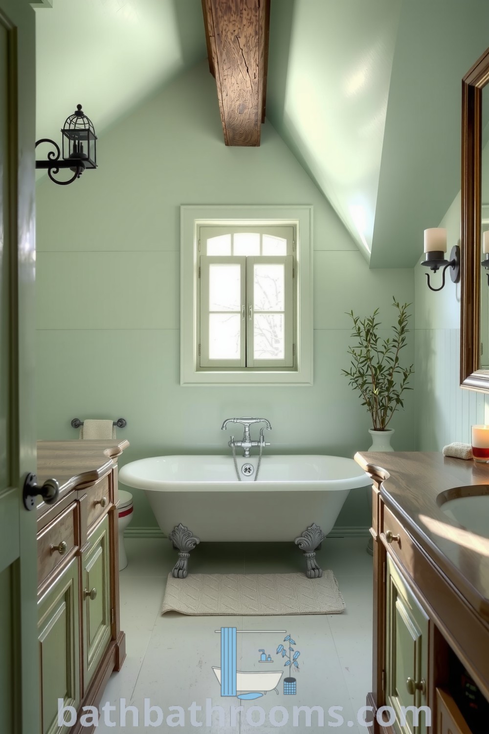 Cozy Provence bathroom featuring mint green hues, a freestanding tub, wooden beams, and a rustic vanity, creating a calming and inviting ambiance. Discover inspiring decor ideas for your home at bathbathrooms.com.