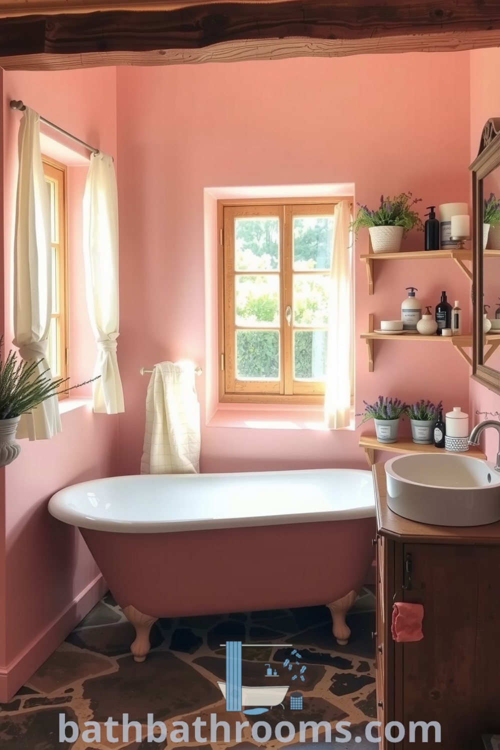 Cozy Provence bathroom featuring soft pink walls, a vintage clawfoot tub, potted lavender, rustic wooden shelves, and an antique vanity, creating an inviting and tranquil ambiance. Discover more cozy decor ideas for your home at bathbathrooms.com.