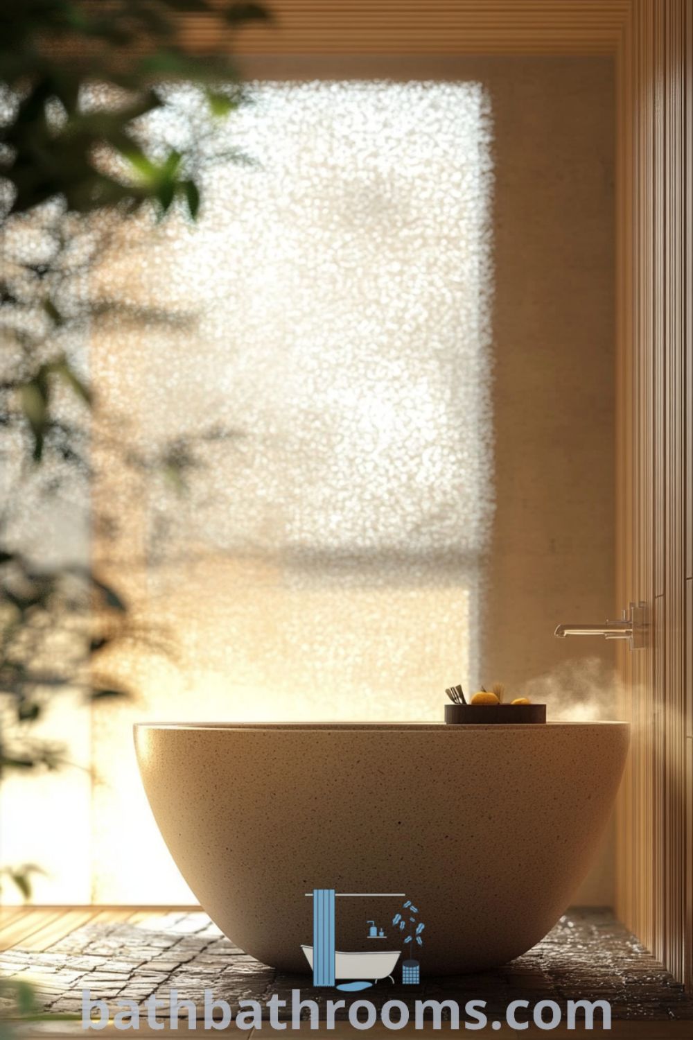 Cozy Japanese bathroom featuring a stone soaking tub, textured wooden walls, bamboo decor, and natural light streaming through a frosted glass window, offering serene decor ideas for your home. Discover more cozy inspirations at bathbathrooms.com.