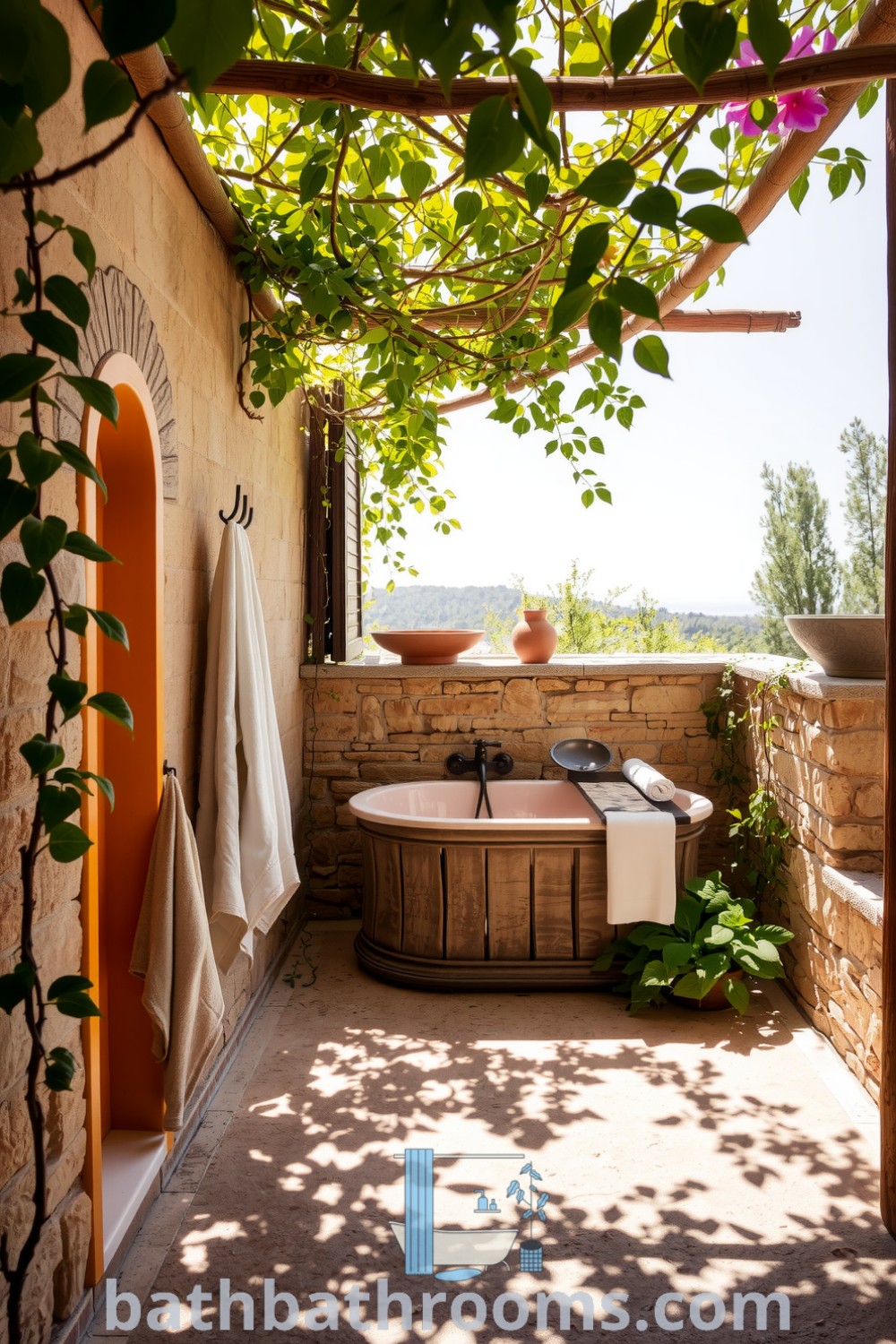 Cozy outdoor bathroom with earthy stone walls, terracotta accents, a weathered wooden tub surrounded by climbing vines, and soft towels, creating a serene Mediterranean retreat. Discover inspiring decor ideas for your home at bathbathrooms.com.