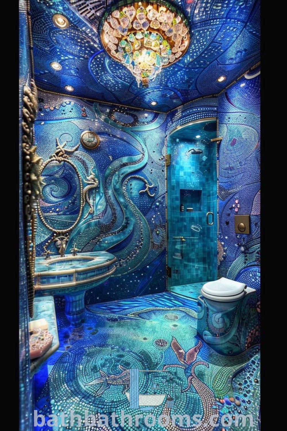 A bathroom with blue and green tiles on the walls, featuring seashell accessories and an elegant chandelier, embodying an underwater aesthetic. The design reflects mermaid bathroom ideas and dark mermaid aesthetics, providing cozy inspiration for home decor. Discover more unique ideas at bathbathrooms.com.