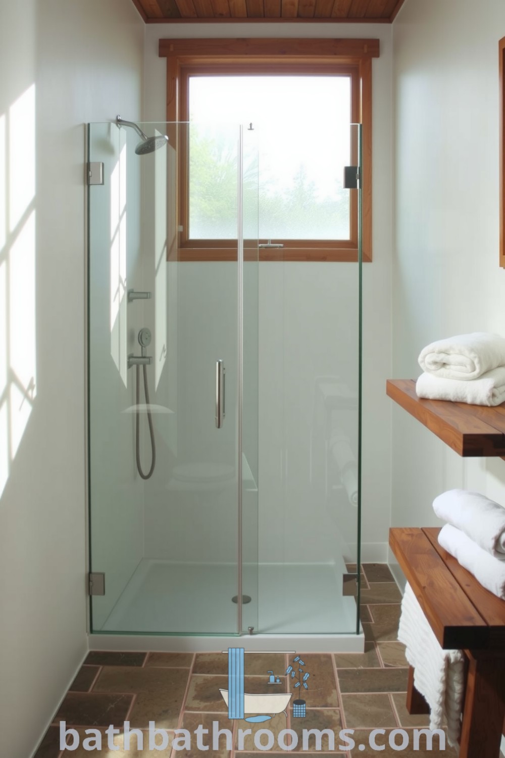 Modern bathroom featuring a frameless glass shower, warm wooden accents, earthy stone tiles, and soft white walls, creating a cozy and inviting atmosphere. Discover inspiring decor ideas and design tips for small spaces at bathbathrooms.com.