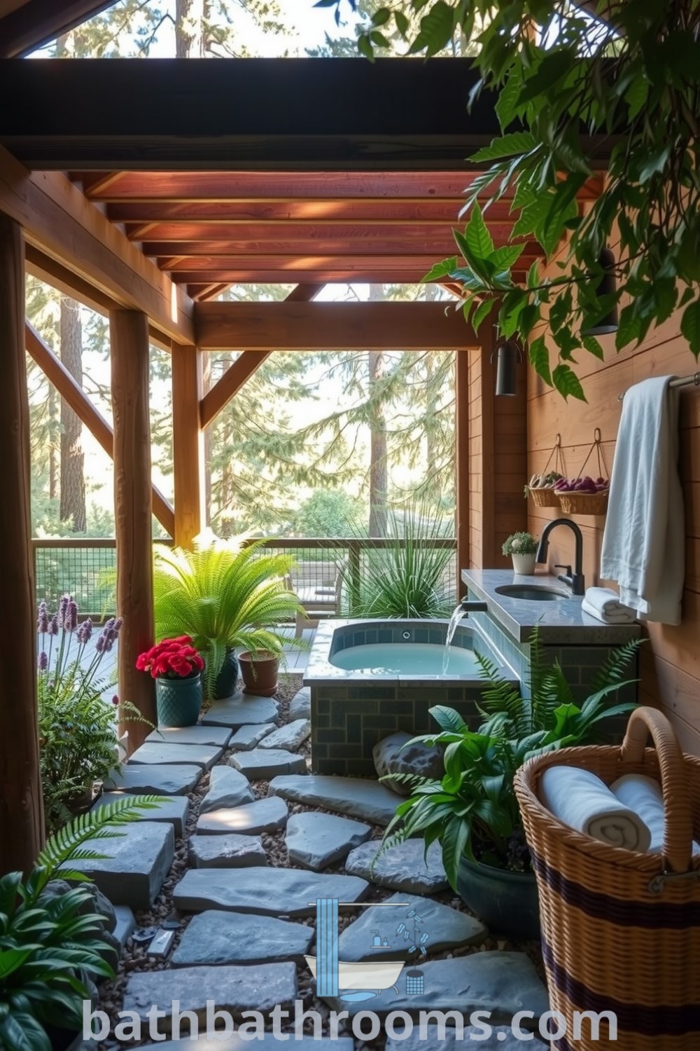 A serene outdoor spa bathroom featuring weathered wooden beams, smooth river stones, a sunken soaking tub surrounded by ferns and flowering plants, and a soothing fountain. Discover more inspiring decor ideas for your home at bathbathrooms.com.