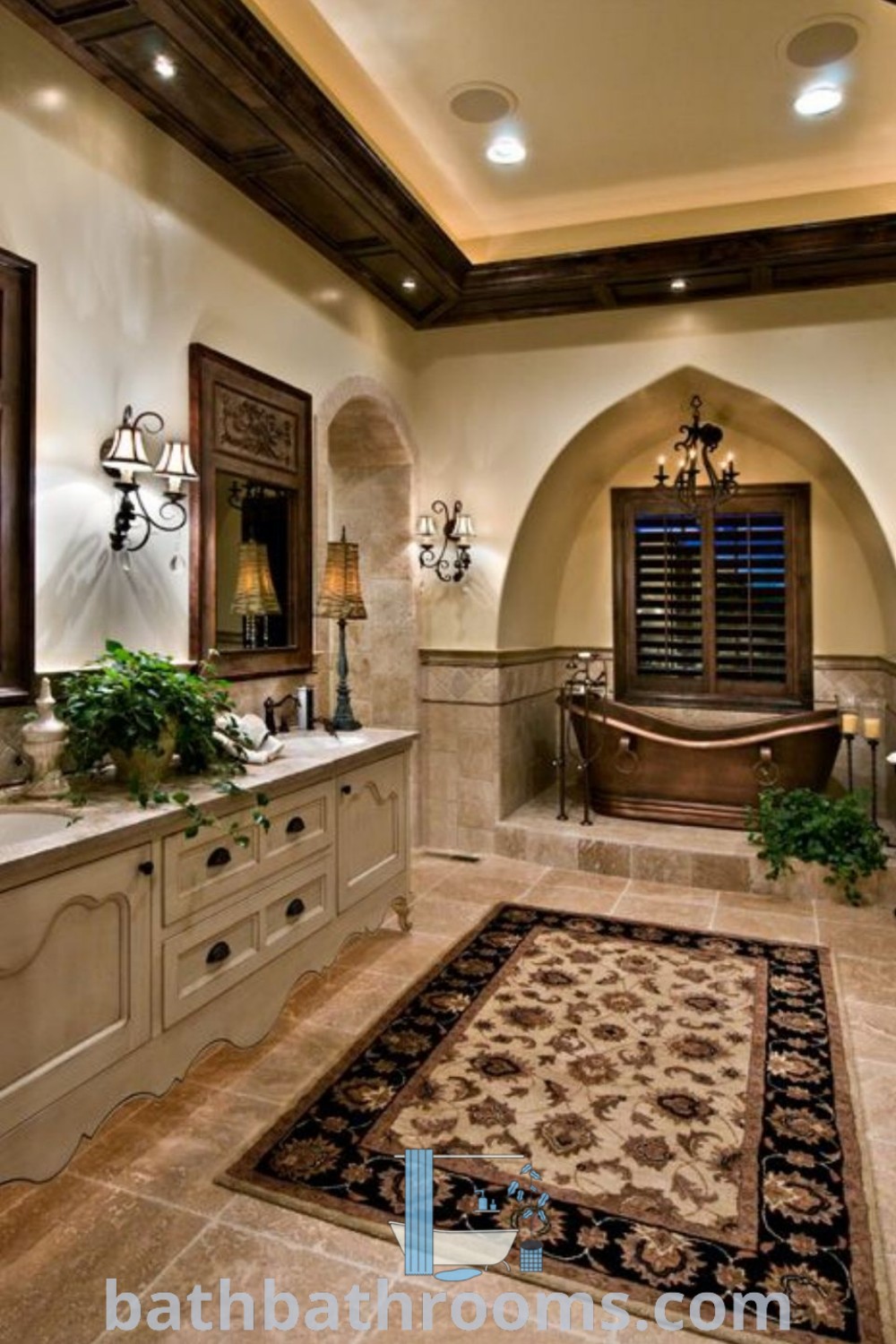 A large bathroom showcasing two sinks and a central bathtub, designed for cozy aesthetics and functional use. Perfect for maximizing style and space, this design exemplifies inspiring decor ideas for your home. Visit bathbathrooms.com for more innovative inspirations.