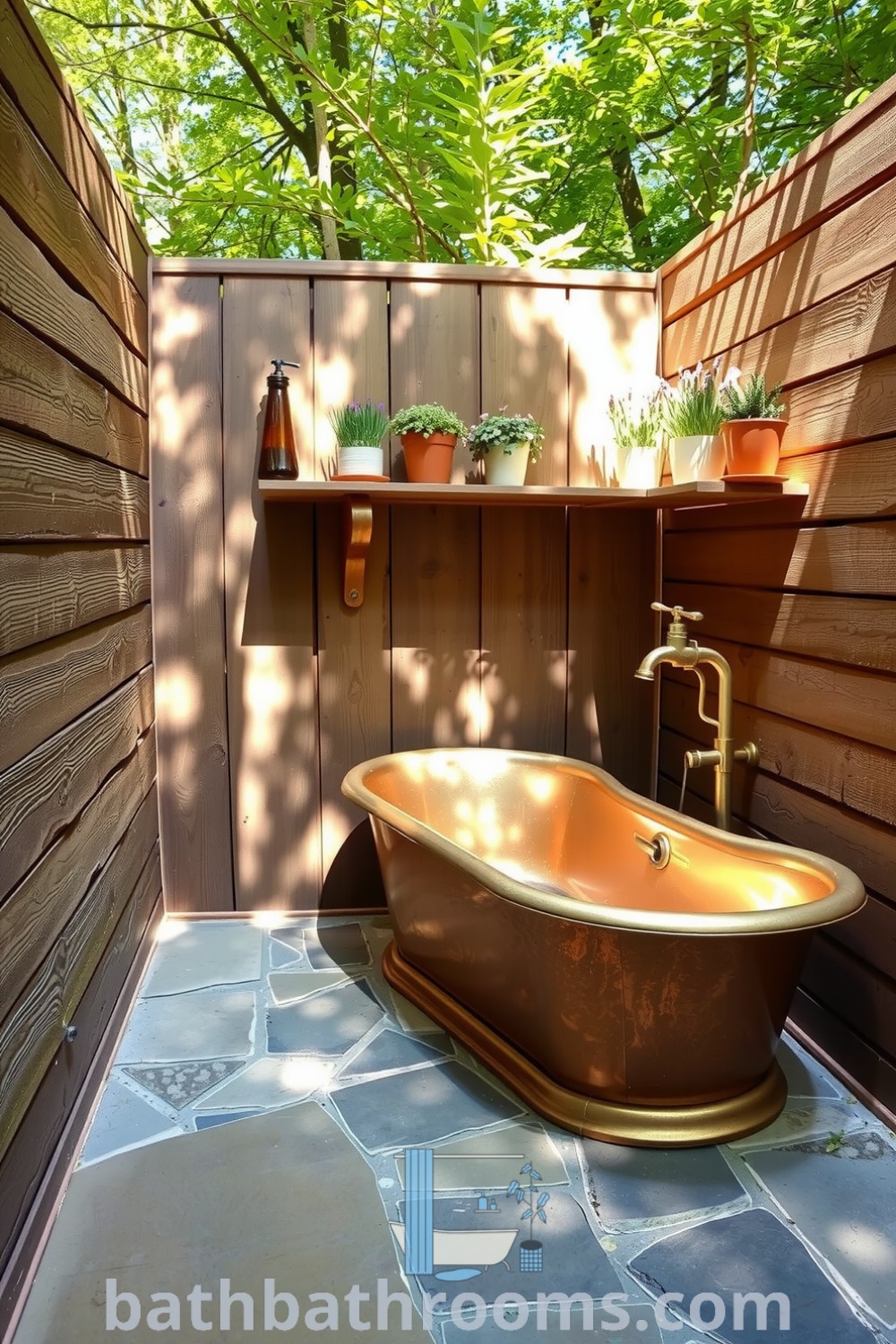 Cozy outdoor bathroom with rustic wooden walls, river stone floor, freestanding copper tub, and potted herbs, creating a serene and inviting atmosphere. Discover unique design ideas for your home at bathbathrooms.com.