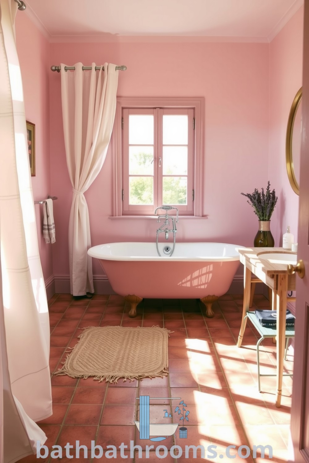 Cozy bathroom featuring soft pink hues, a vintage clawfoot tub, delicate lavender accents, and rustic wooden elements, creating a tranquil and inviting retreat. Discover inspiring decor ideas for your home at bathbathrooms.com.