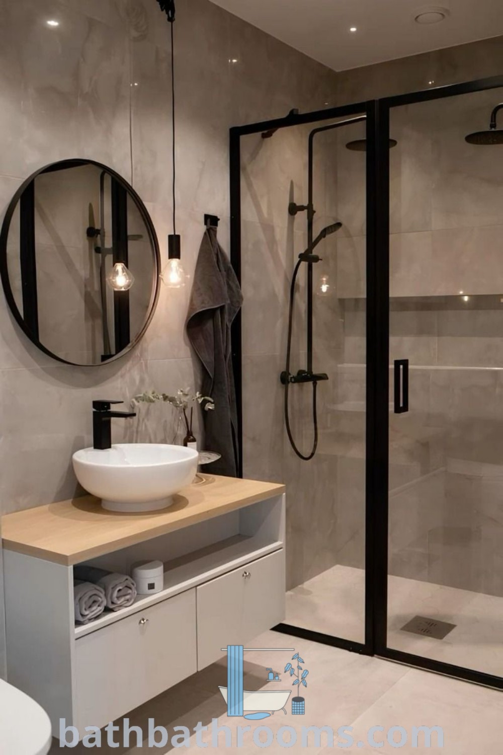 A stylish small bathroom featuring a sink, mirror, and shower stall in the center, showcasing modern design elements and inspiring decor ideas. Discover excellent bathroom design inspirations at bathbathrooms.com.