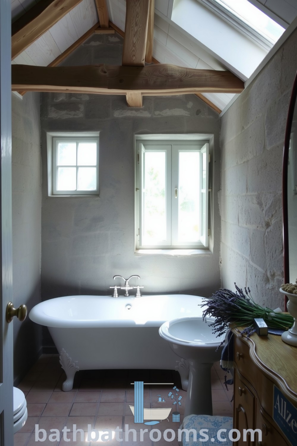 Cozy Provence bathroom featuring a freestanding tub, stone walls, wooden beams, and lavender sprigs, creating a serene retreat. Discover inspiring decor ideas for your home at bathbathrooms.com.