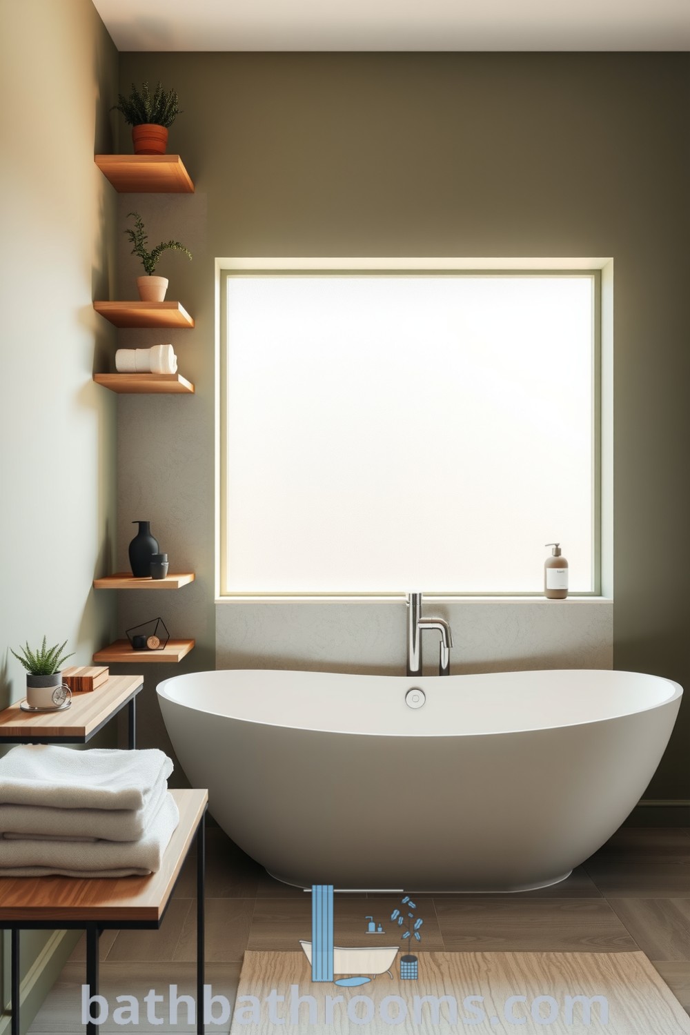 Cozy minimalist bathroom featuring olive-hued walls, a sleek freestanding tub, light stone accents, and wooden shelving with towels and plants, creating a tranquil and inviting atmosphere. Discover more design ideas for your home at bathbathrooms.com.