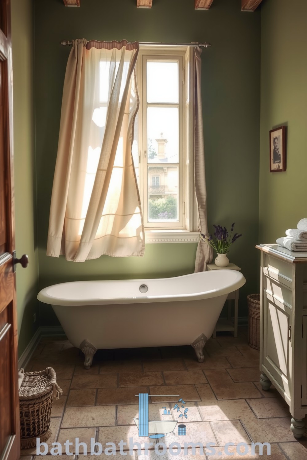 Charming Provence bathroom featuring soft green walls, textured stone tiles, a freestanding tub by a sunlit window, an antique wooden vanity, and sprigs of fresh lavender, creating a cozy and inviting retreat. Discover more inspiring decor ideas at bathbathrooms.com.