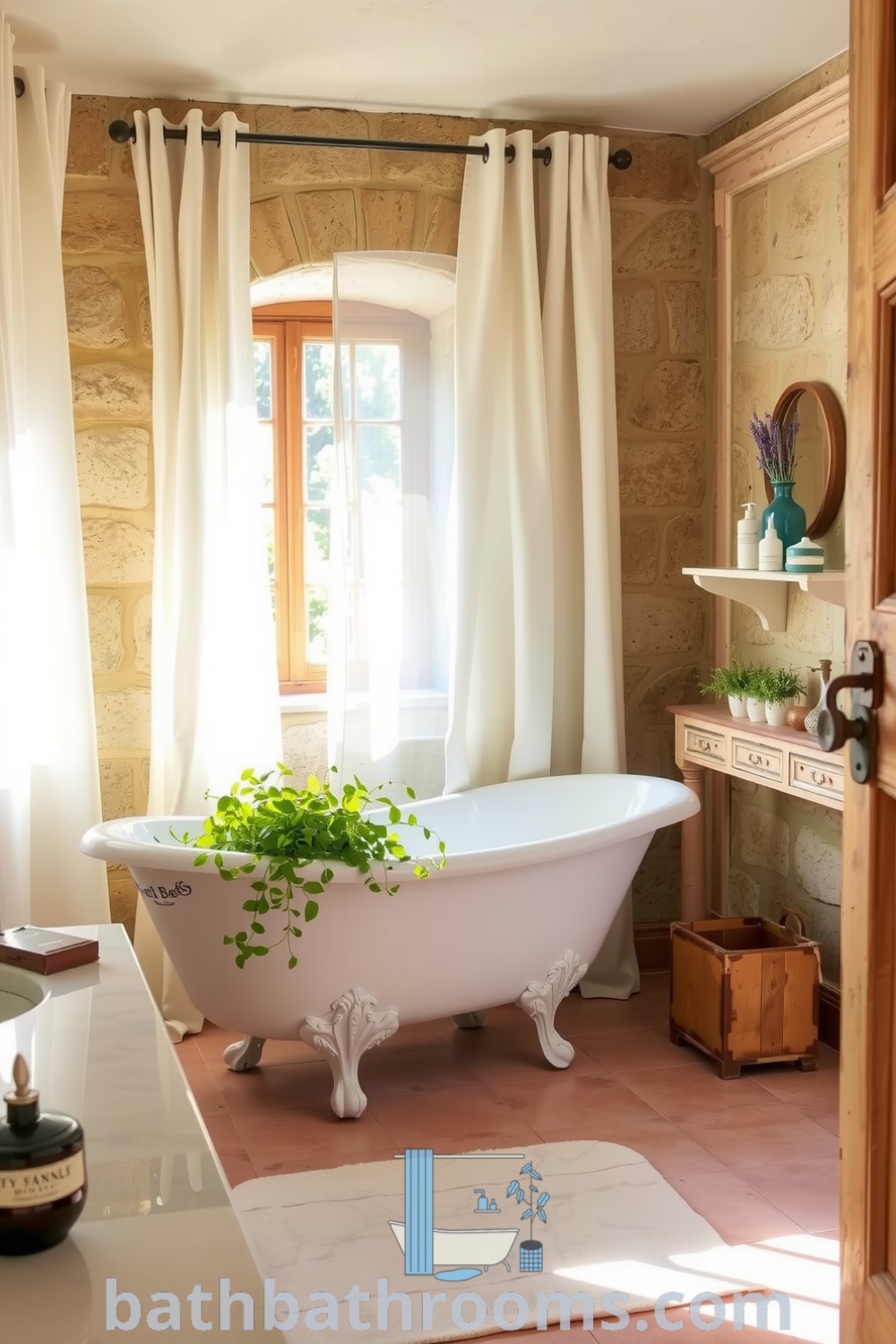 Cozy Provence bathroom featuring warm sunlight, textured stone walls, a charming clawfoot tub, and potted herbs, creating a serene and inviting atmosphere. Discover more unique ideas at bathbathrooms.com.