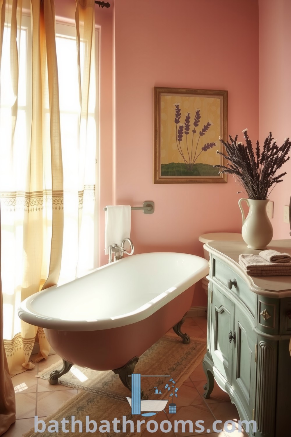 Cozy Provence bathroom featuring soft pink walls, a vintage blush clawfoot tub, rustic wooden accents, and dried lavender in a vase, creating a warm and inviting space. Explore more decor ideas for your home at bathbathrooms.com.