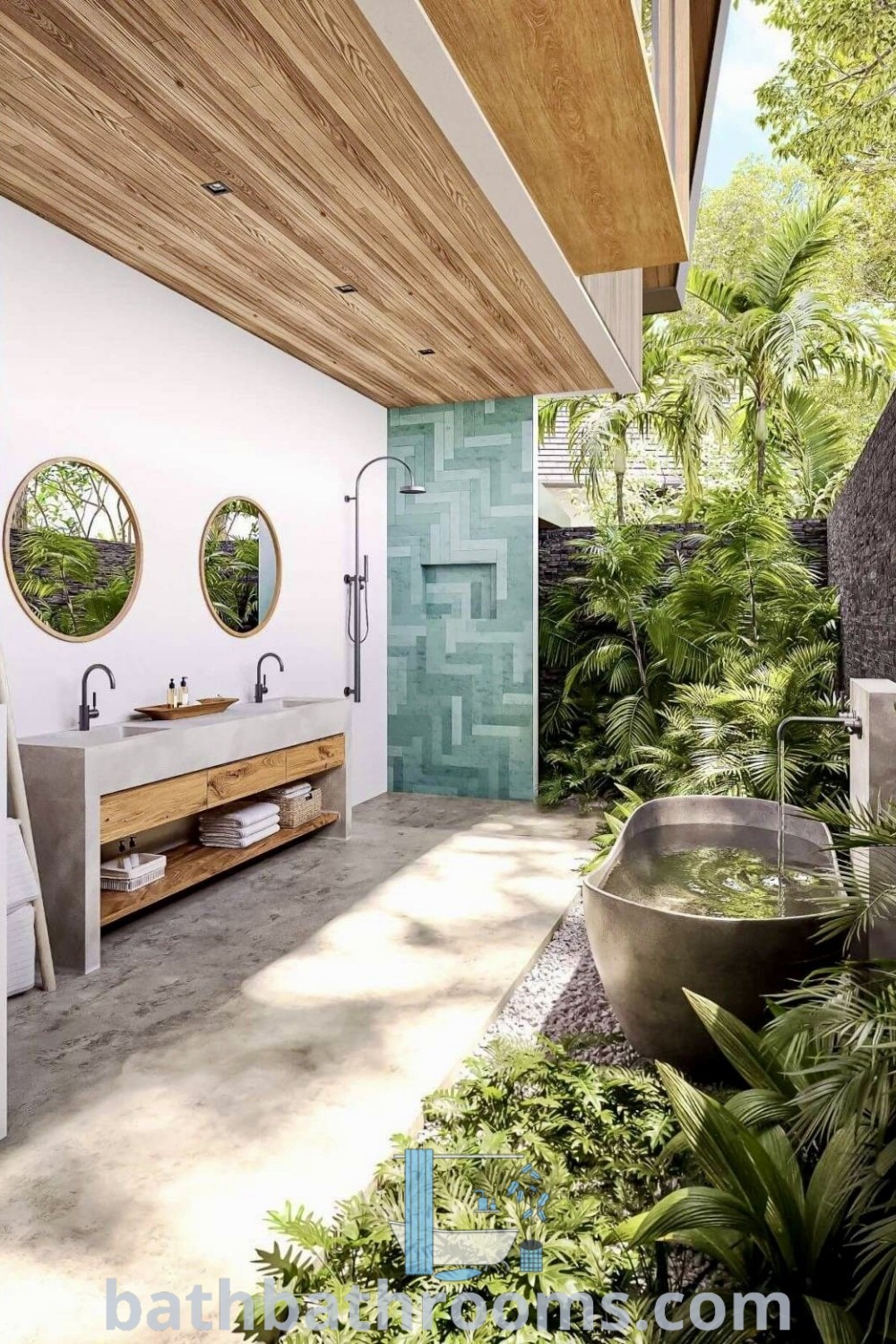 An outdoor bathroom design featuring two sinks and mirrors, inspired by Balinese aesthetics, showcasing unique ideas for a cozy home and decor inspirations from Costa Rica villas. Explore this inviting style at bathbathrooms.com.